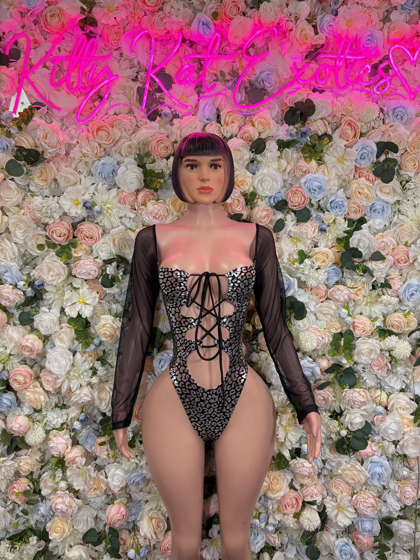 Black Cheetah Hologram Bottlegirl Bodysuit - Women’s Exotic Dancewear, Bartender Costume & Rave Clubwear
