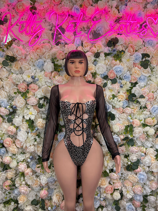 Black cheetah-pattern bodysuit with sheer long sleeves and central lace-up
