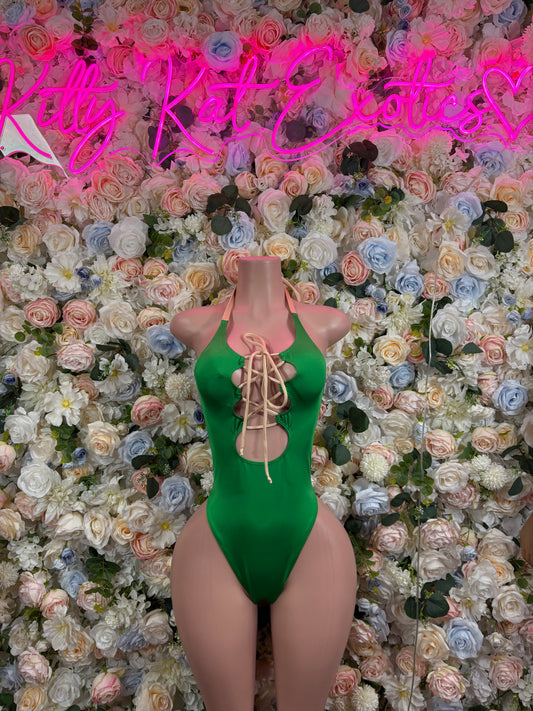 Green halter lace-up bodysuit with high-cut leg openings
