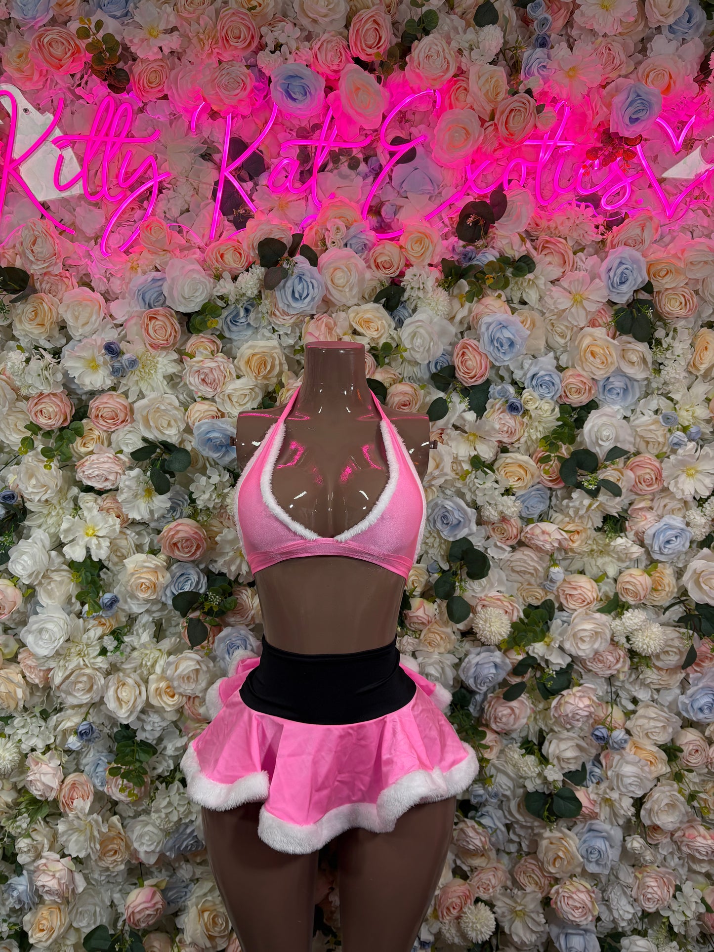 Christmas Pink Santa Holiday Outfit Two Piece Skirt Set Pink Santa Exotic Dancewear Costume Holiday Outfit