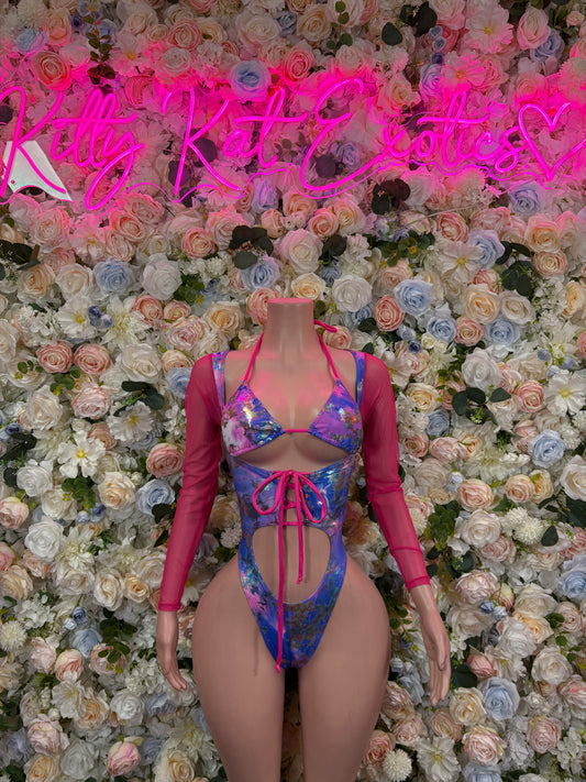 Bottlegirl One-Piece Bodysuit Pink Blue Metallic  - Custom Design | Exotic Dancewear for Performers, Raves, & Nights Out