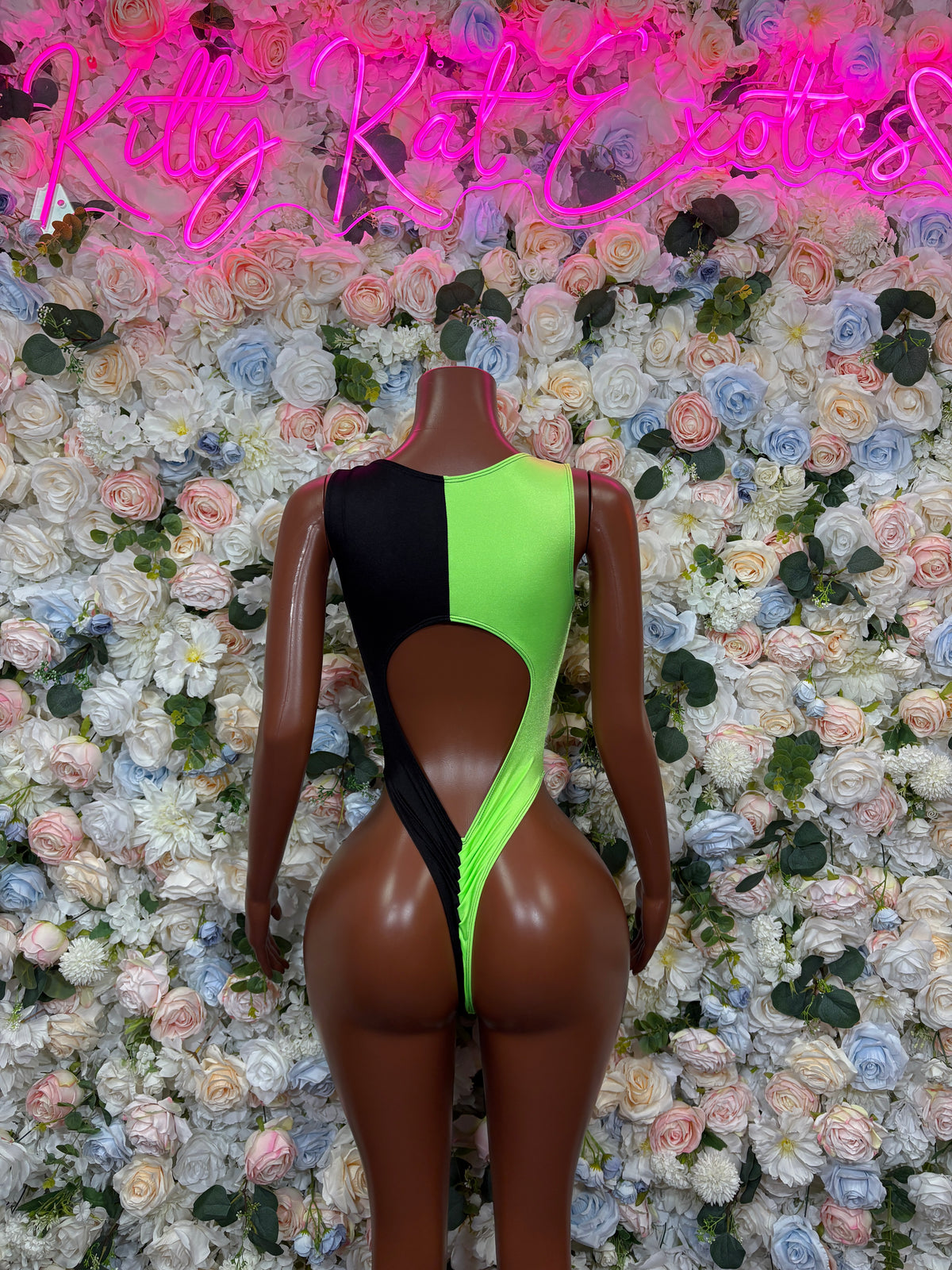 Neon Green & Black Lace Up Villain Bottle Girl Costume Cutout Bottle Girl Bodysuit