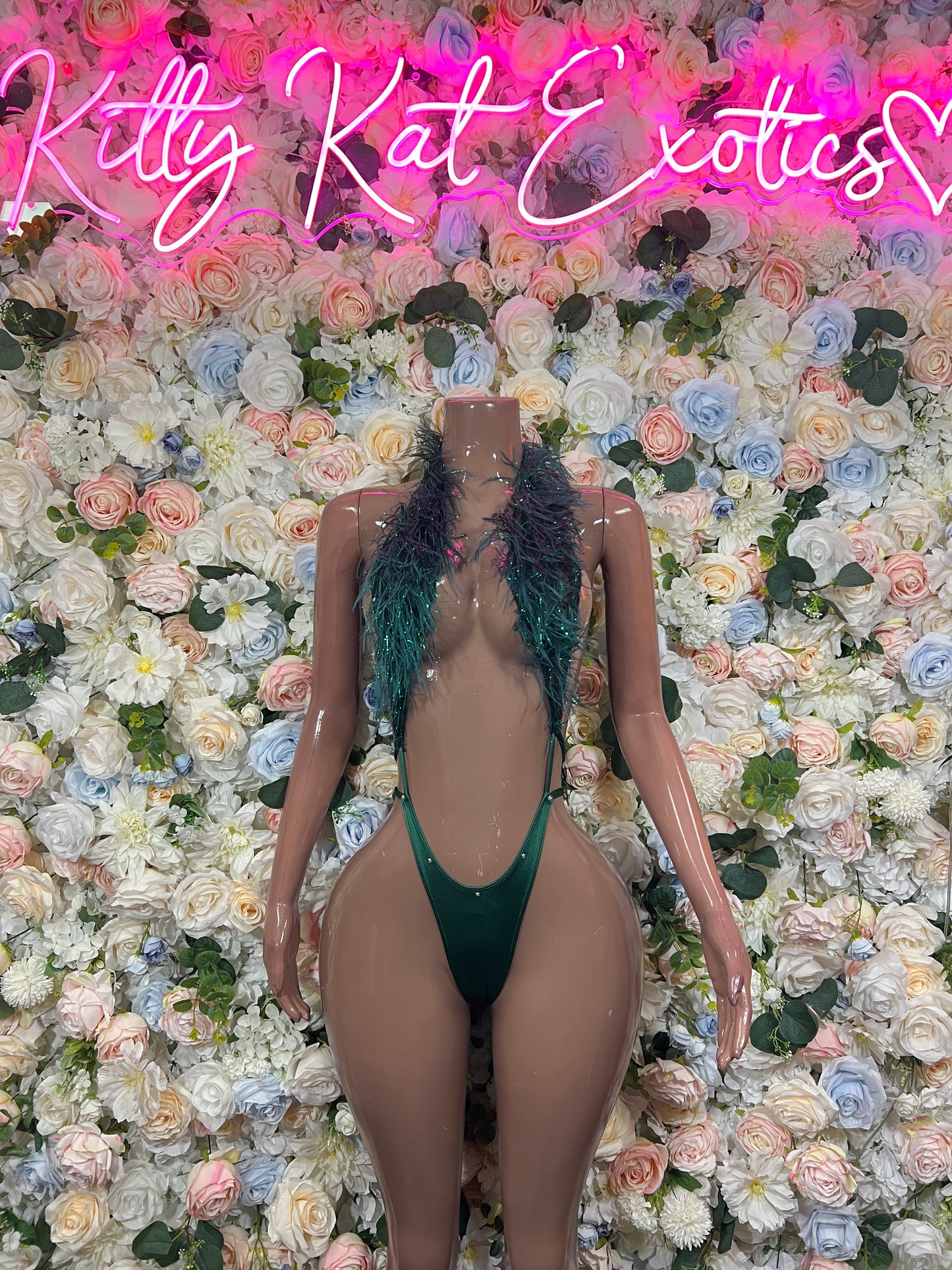 Emerald Green Feather Fringe Bodysuit Rave Festival Exotic Dancewear Sparkly Glitter Boa Club Outfit