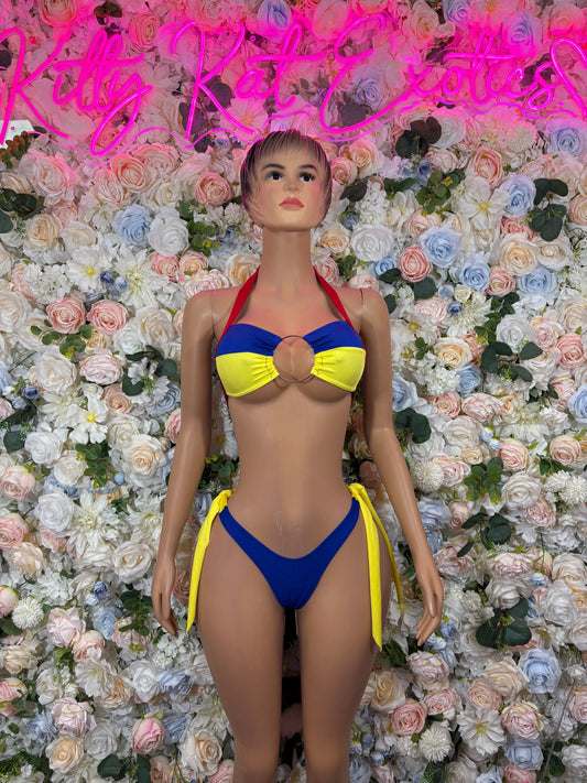 Color-block bikini set with blue cups, yellow center bow, matching blue bottoms with ties