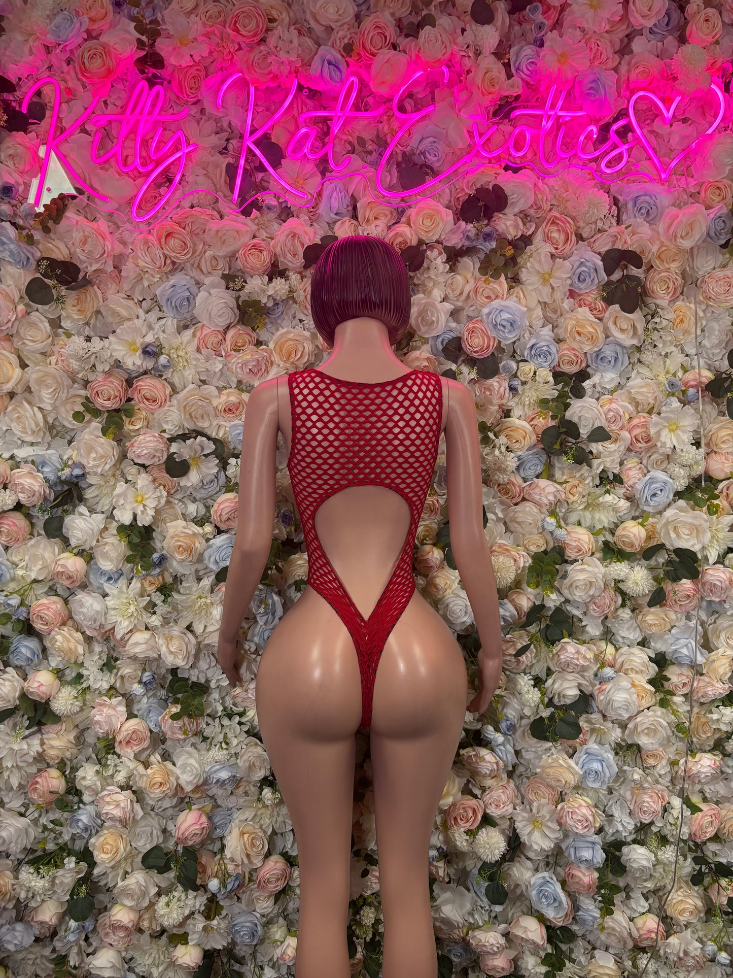Bottlegirl Red Fishnet Bodysuit - Bottle Service Outfit, Rave Festival Clubwear One Piece Dancewear