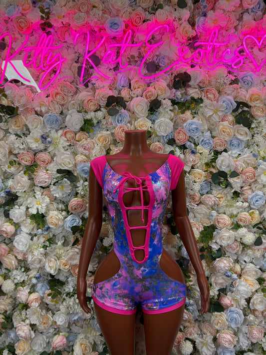 Bottlegirl One-Piece Bodysuit Pink Blue Metallic  - Custom Design | Exotic Dancewear for Performers, Raves, & Nights Out