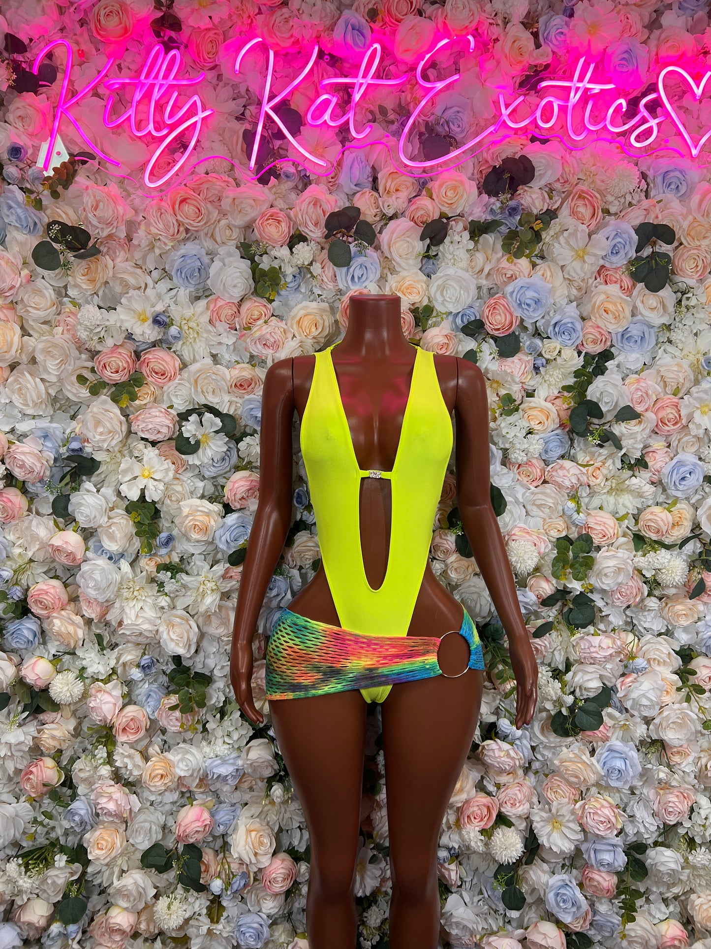 Neon Yellow Deep V Halter Bodysuit  Rainbow Mesh Cover Skirt Rave Festival Set Ravewear