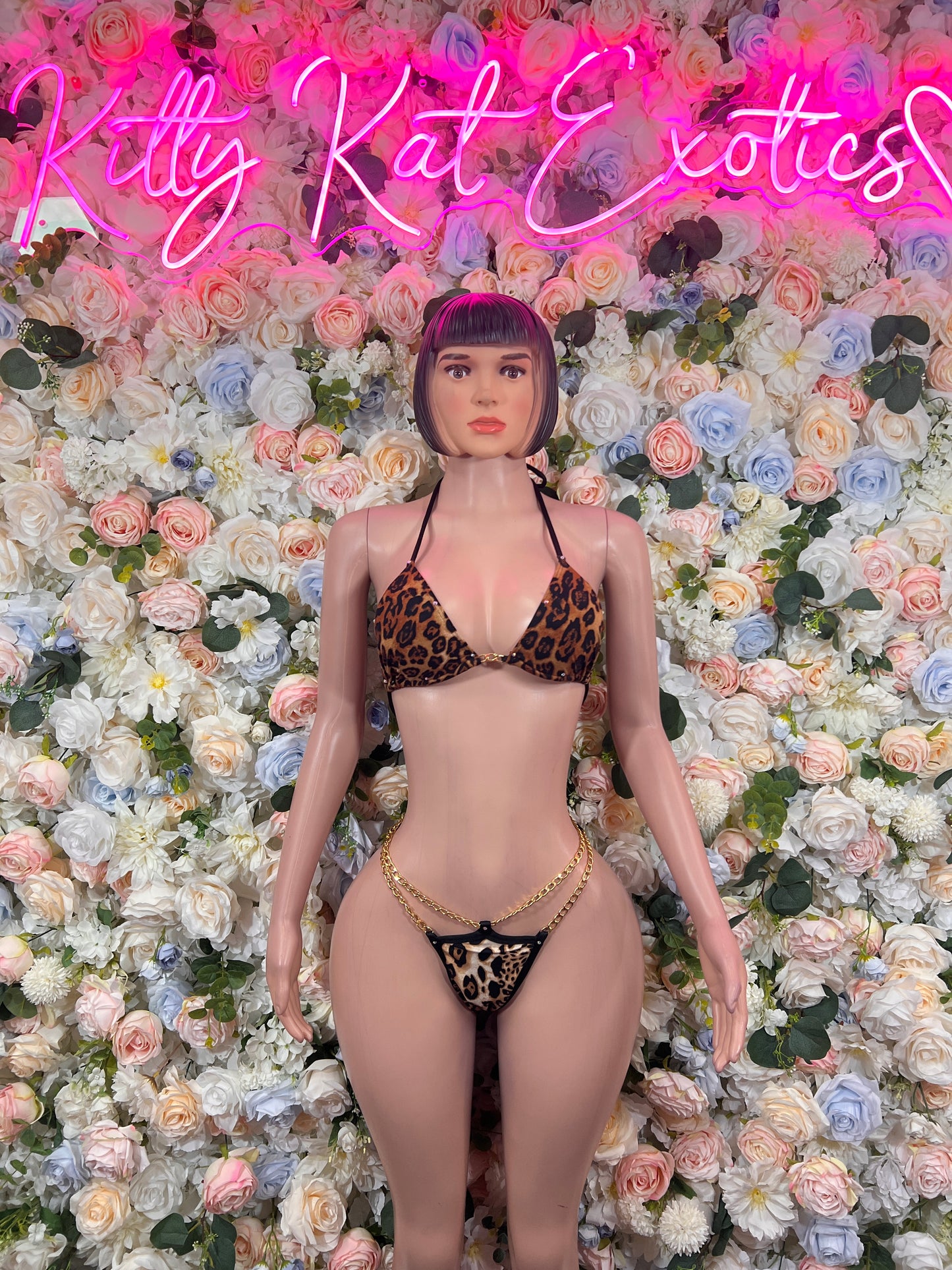 Leopard Print Gold Chain Bikini Set – Exotic Dancewear, Rave Outfit, Festival Clubwear