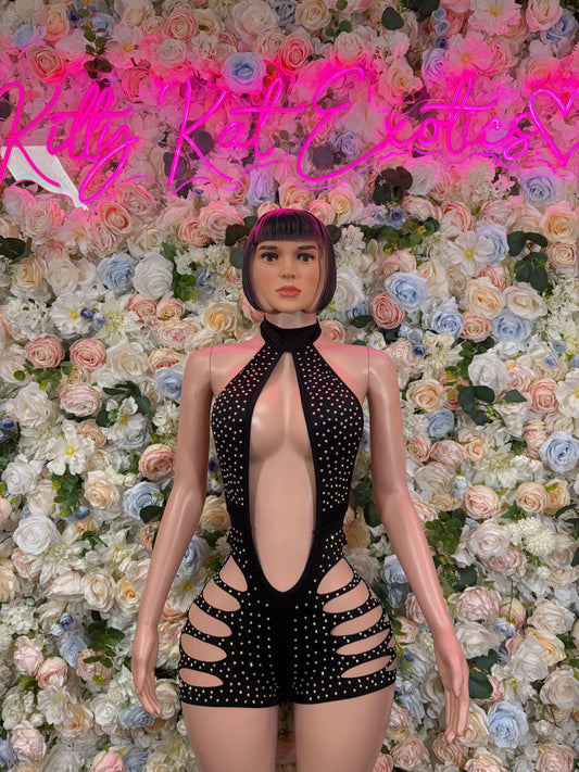 Black Rhinestone Bodysuit Exotic Dancewear