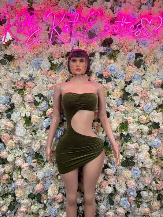 Olive green velvet mini dress with bandeau neckline and midriff cutout
