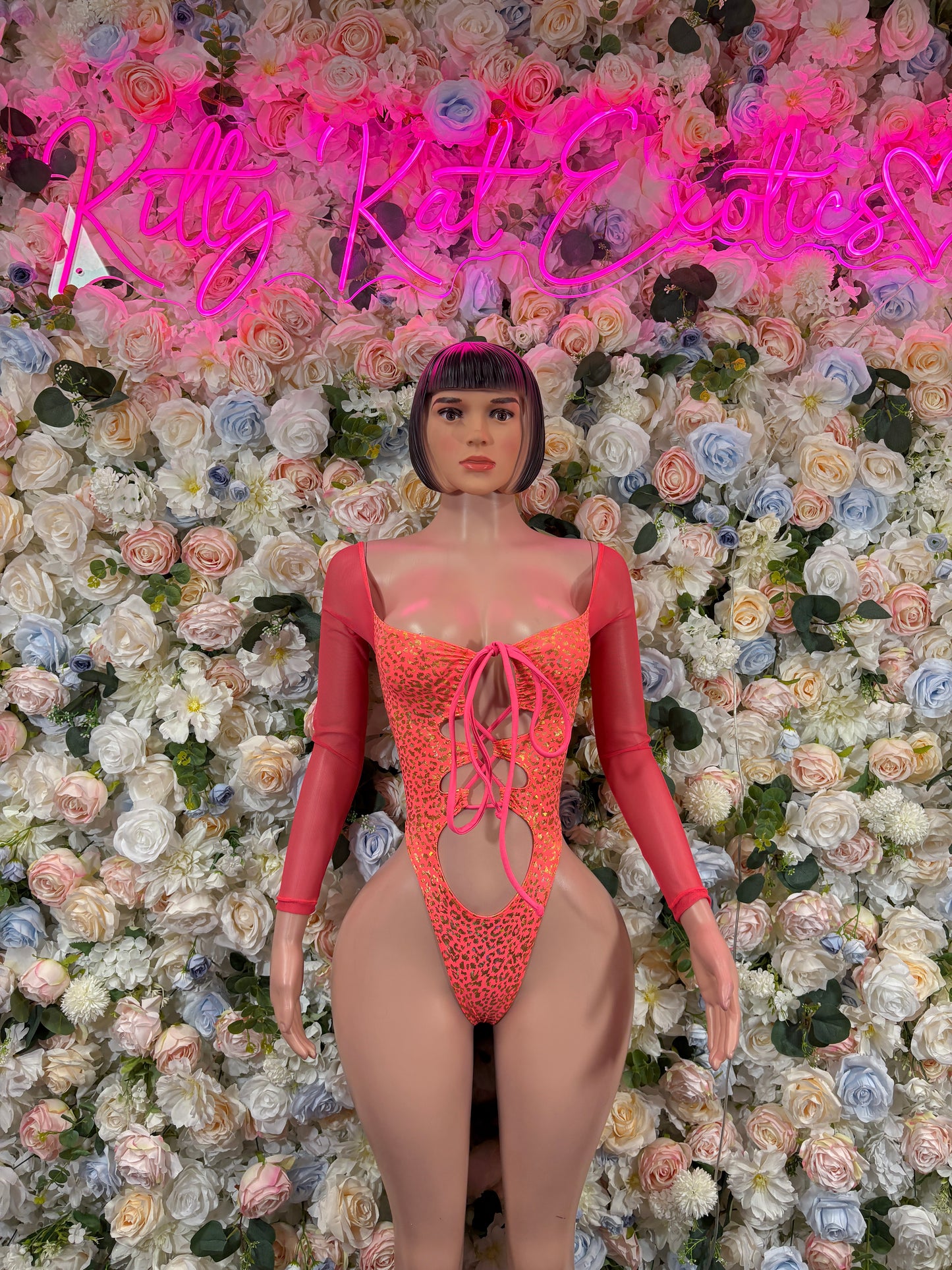 Bottlegirl Bodysuit One-Piece Coral Cheetah Print Bodysuit - Hologram Design | Exotic Dancewear for Performers, Raves