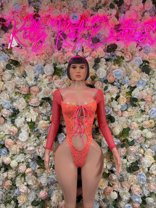 Bottlegirl Bodysuit One-Piece Coral Cheetah Print Bodysuit - Hologram Design | Exotic Dancewear for Performers, Raves