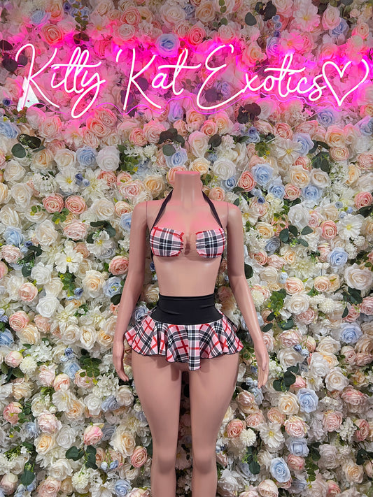 Pink plaid two-piece skirt set: halter bra top and pleated mini skirt, black waistband