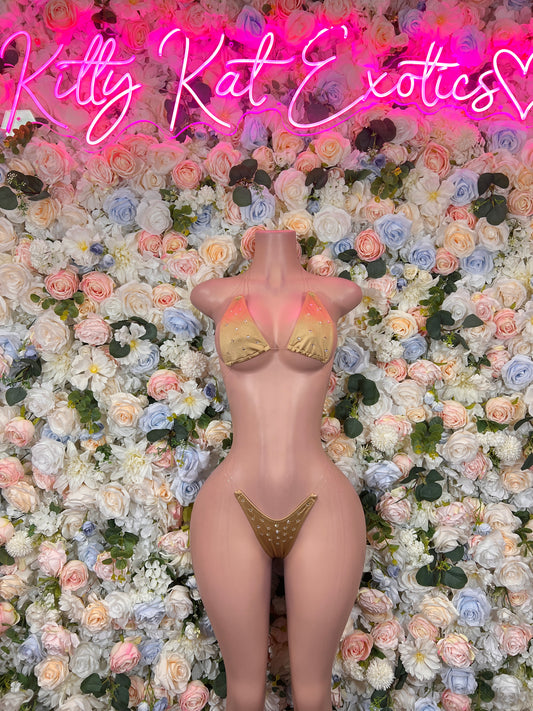 Front view rhinestone bikini set, triangle top and thong bottoms on nude mannequin