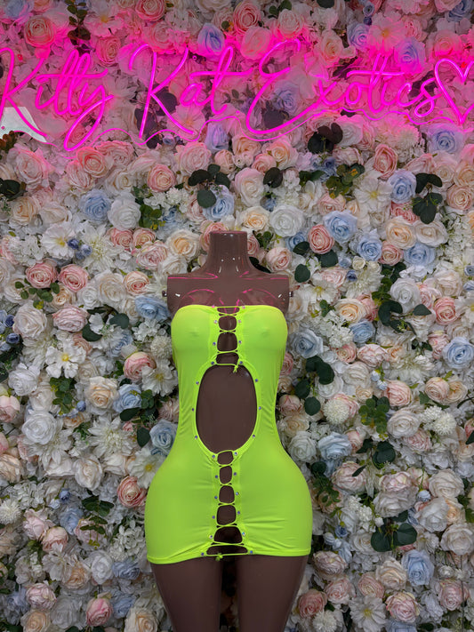 Neon green strapless mini dress with ruffle-look seams and button-trim front