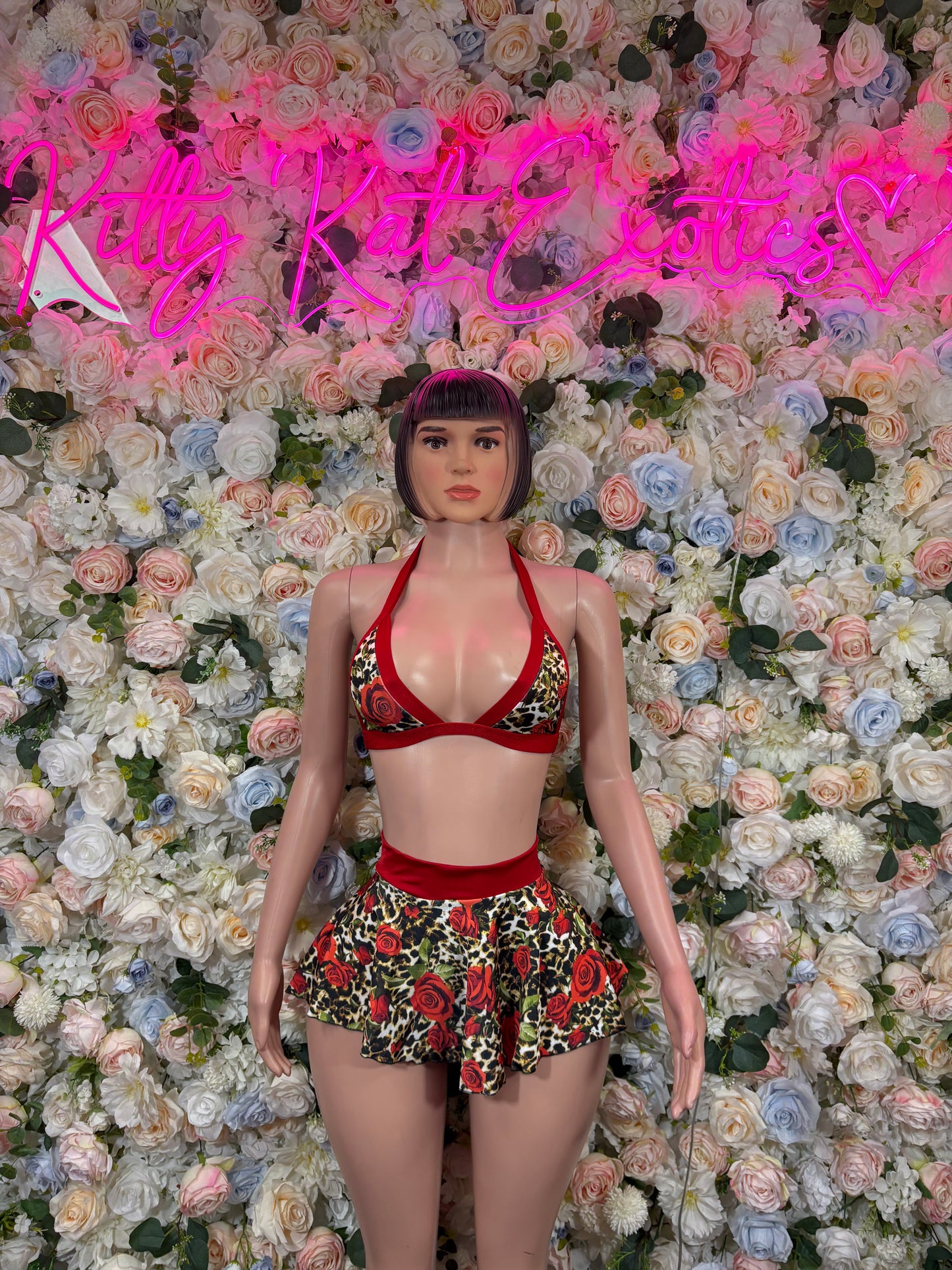 Rose print skirt set with red bra top and black floral rose ruffle skirt
