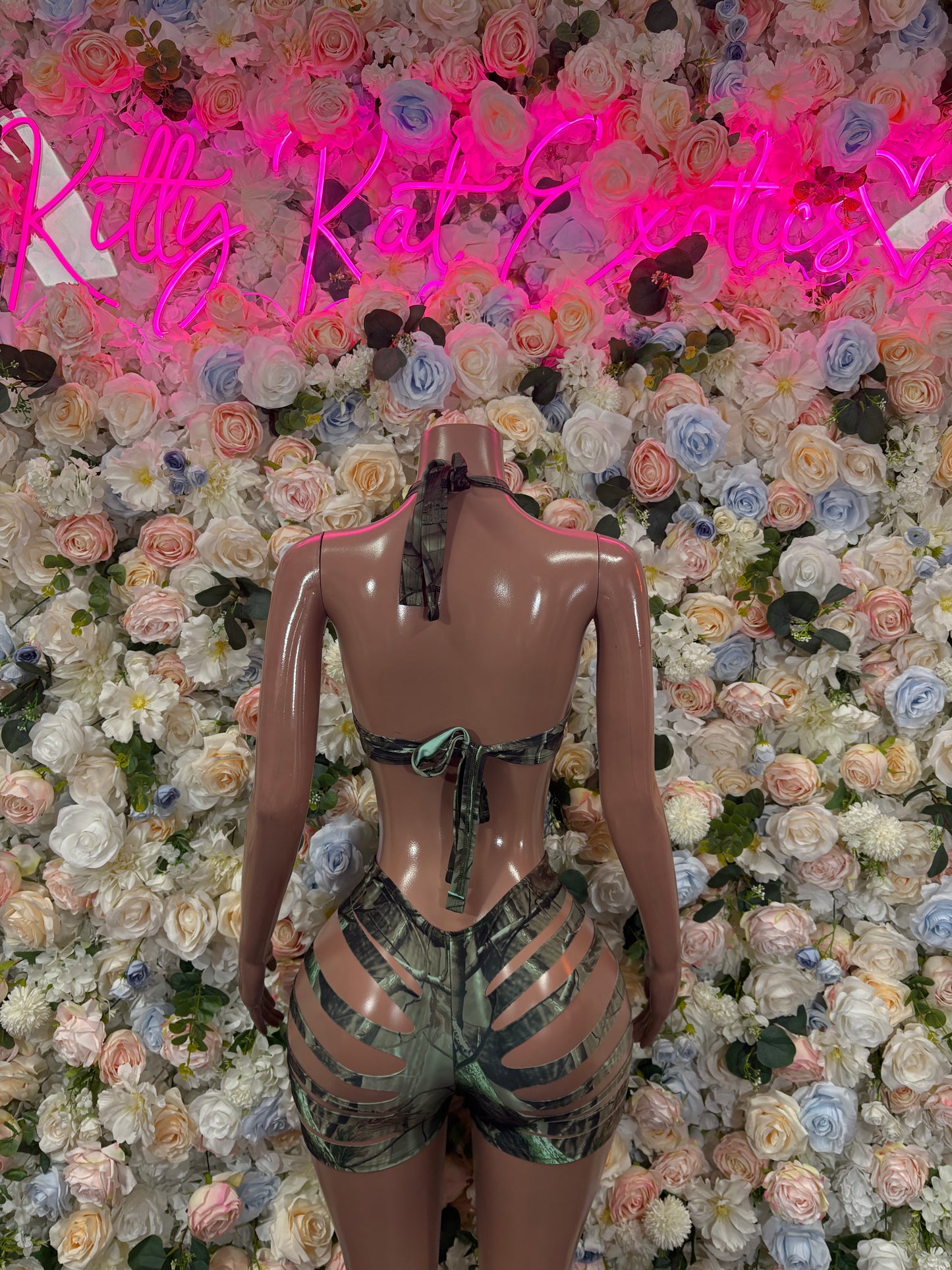 Camo-print two-piece dancewear with back-tie bra and strappy matching shorts