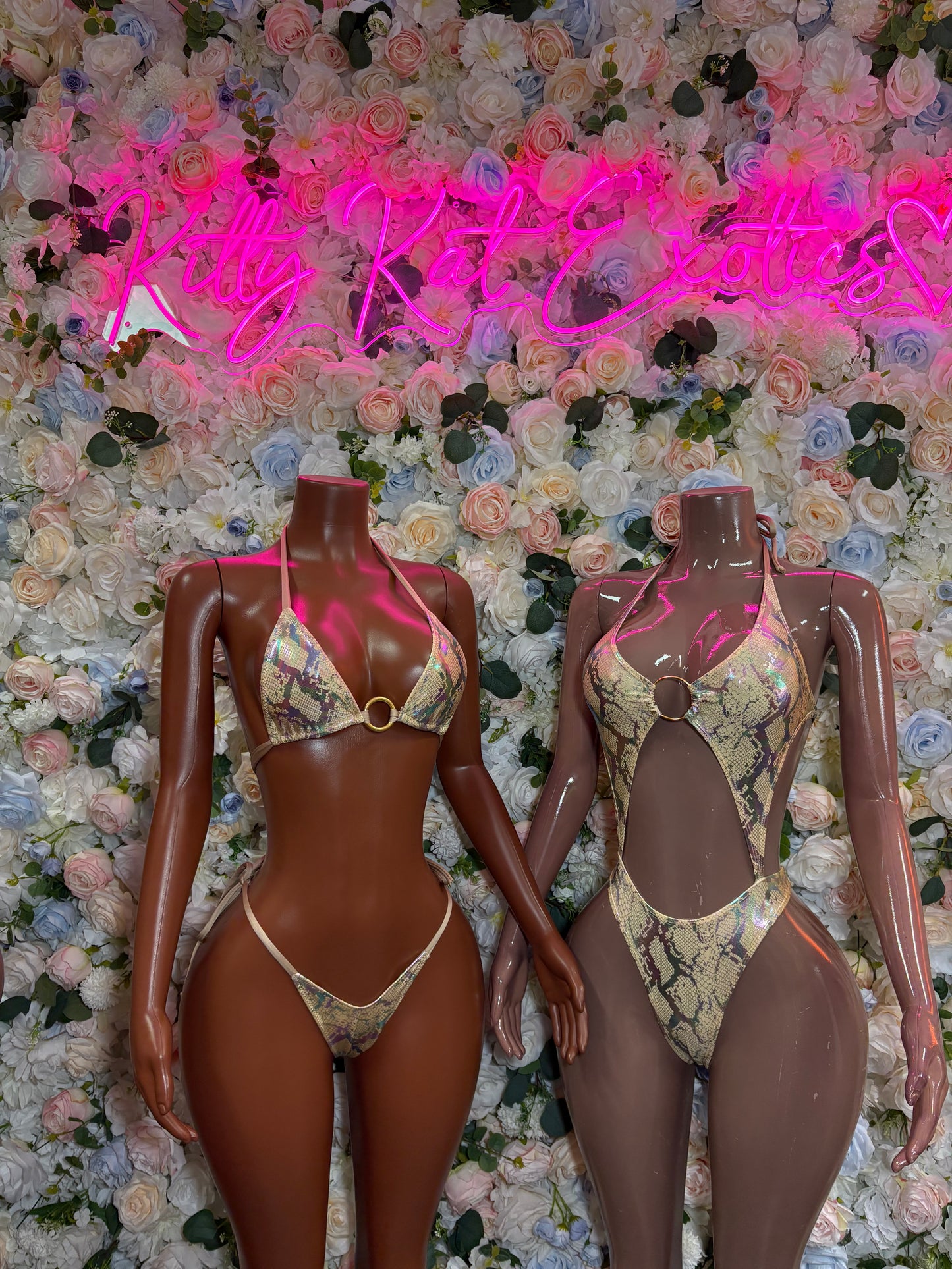 Snake Print O-Ring Cutout Bodysuit | Iridescent Gold Pink One Piece Rave Festival Exotic Dancewear