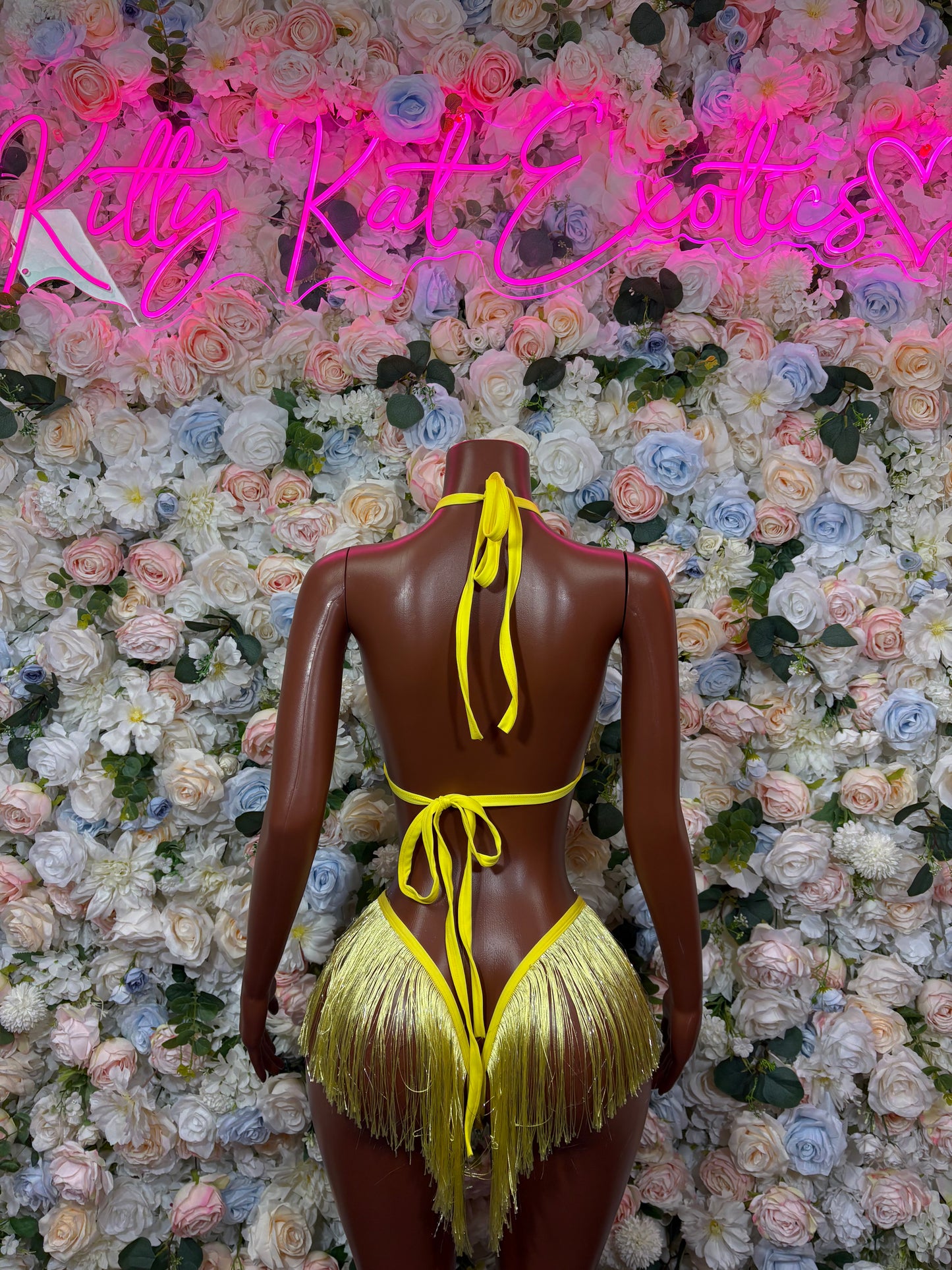 Yellow fringe two-piece lingerie set, open back with tie strings and dangling tassels
