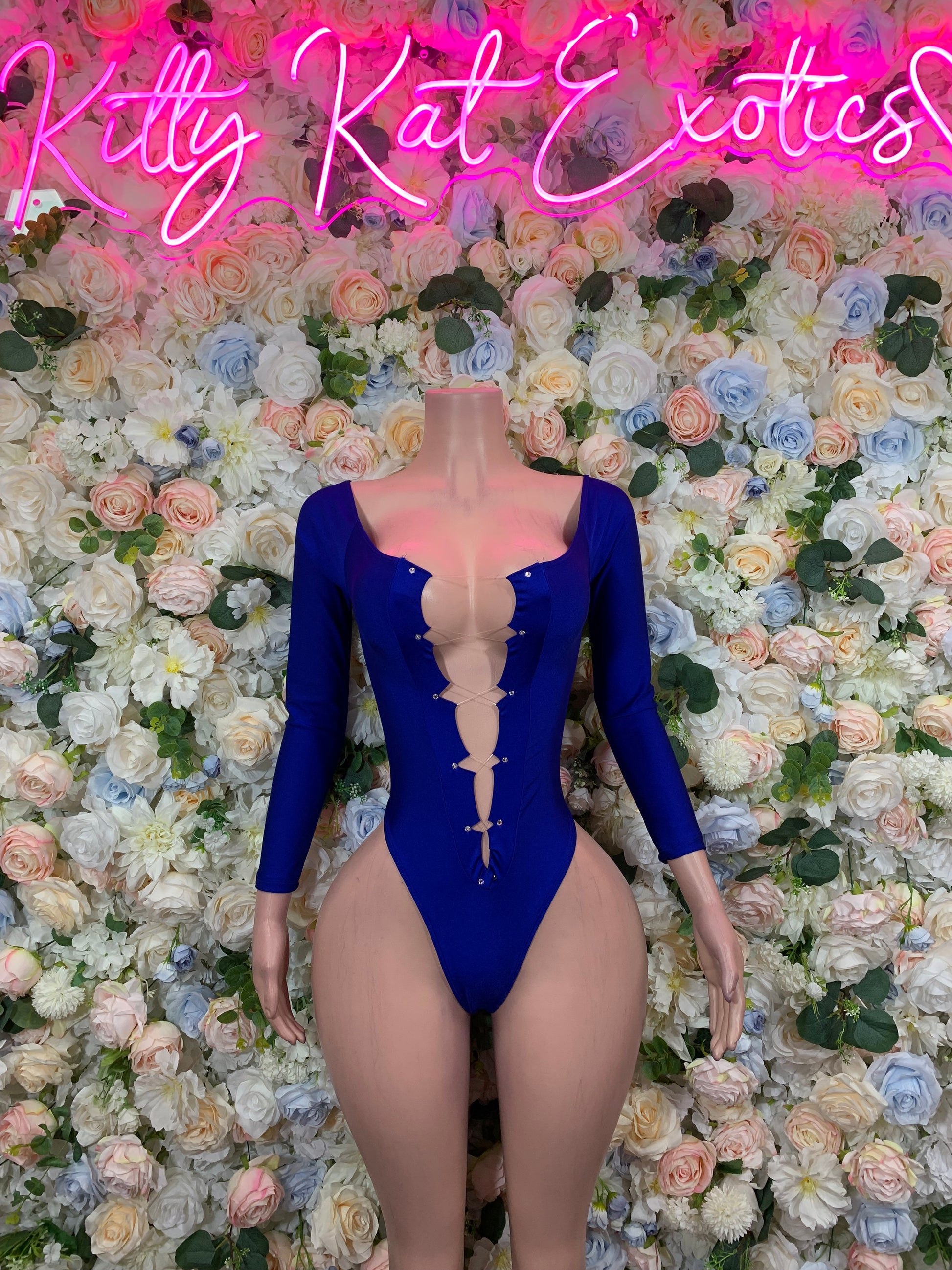 Blue long-sleeve one-piece bodysuit with front cutout and high-cut leg