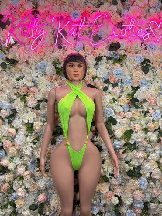 Neon green halter one-piece bodysuit with open back crisscross straps