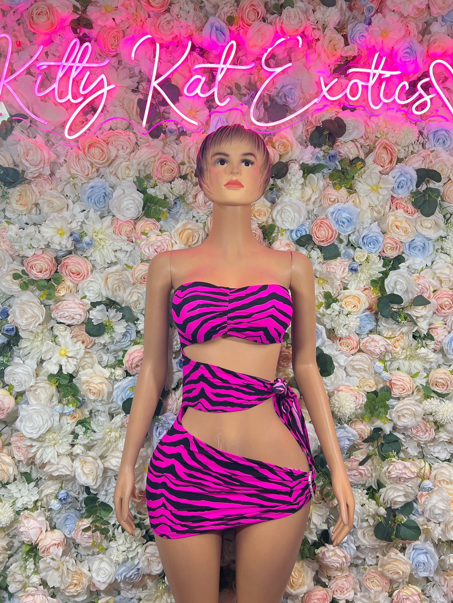 Hot Pink Zebra Print Dress Rave Set – Bandeau Top, Side Tie Mini Skirt