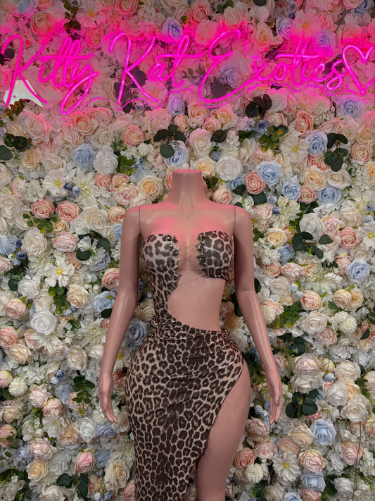 Leopard print maxi gown with bare shoulders, open back, and high slit