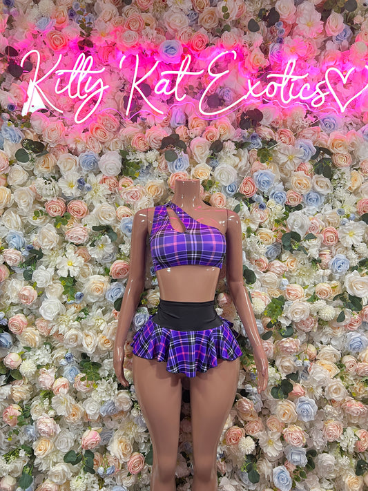 Purple plaid two-piece skirt set with cropped top and high-waist ruffle skirt