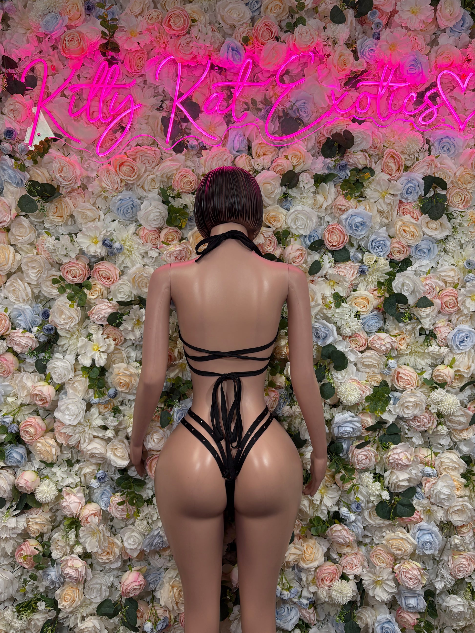 Black mesh bikini back view with strappy triangle top and high-cut bottoms