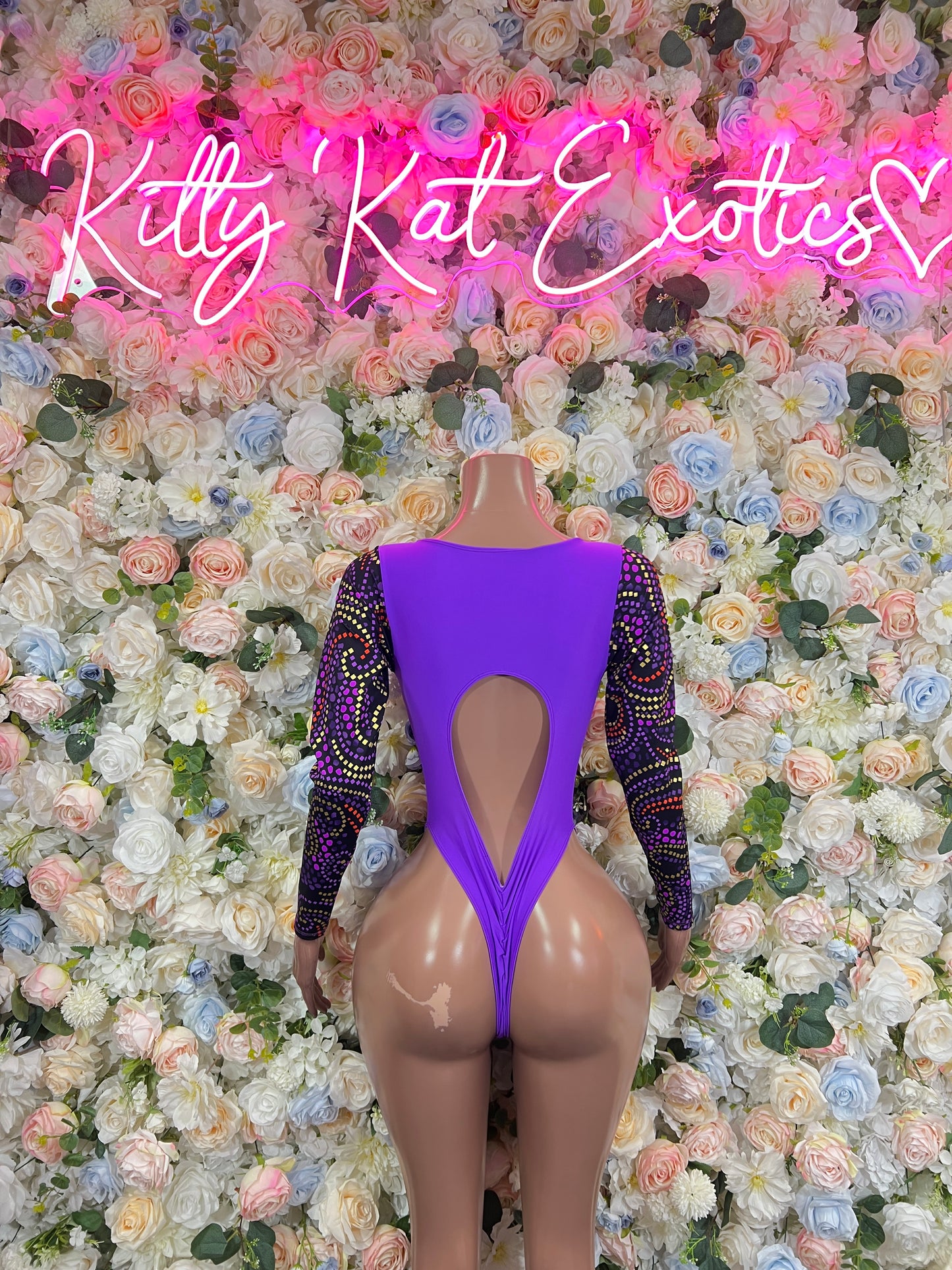 Purple backless bodysuit with large cutout and long sequin sleeves