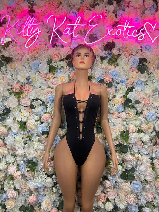 Black bottlegirl bodysuit with halter straps and vertical lace-up front
