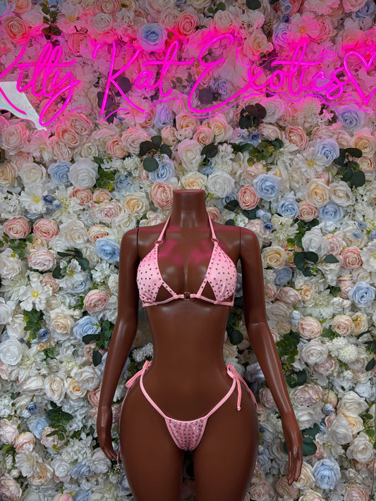 Rhinestone Bikini Set Pink Two Piece Exotic Dancewear Festival Outfit Rave Wear Stripper Costume Pole Dance Lingerie