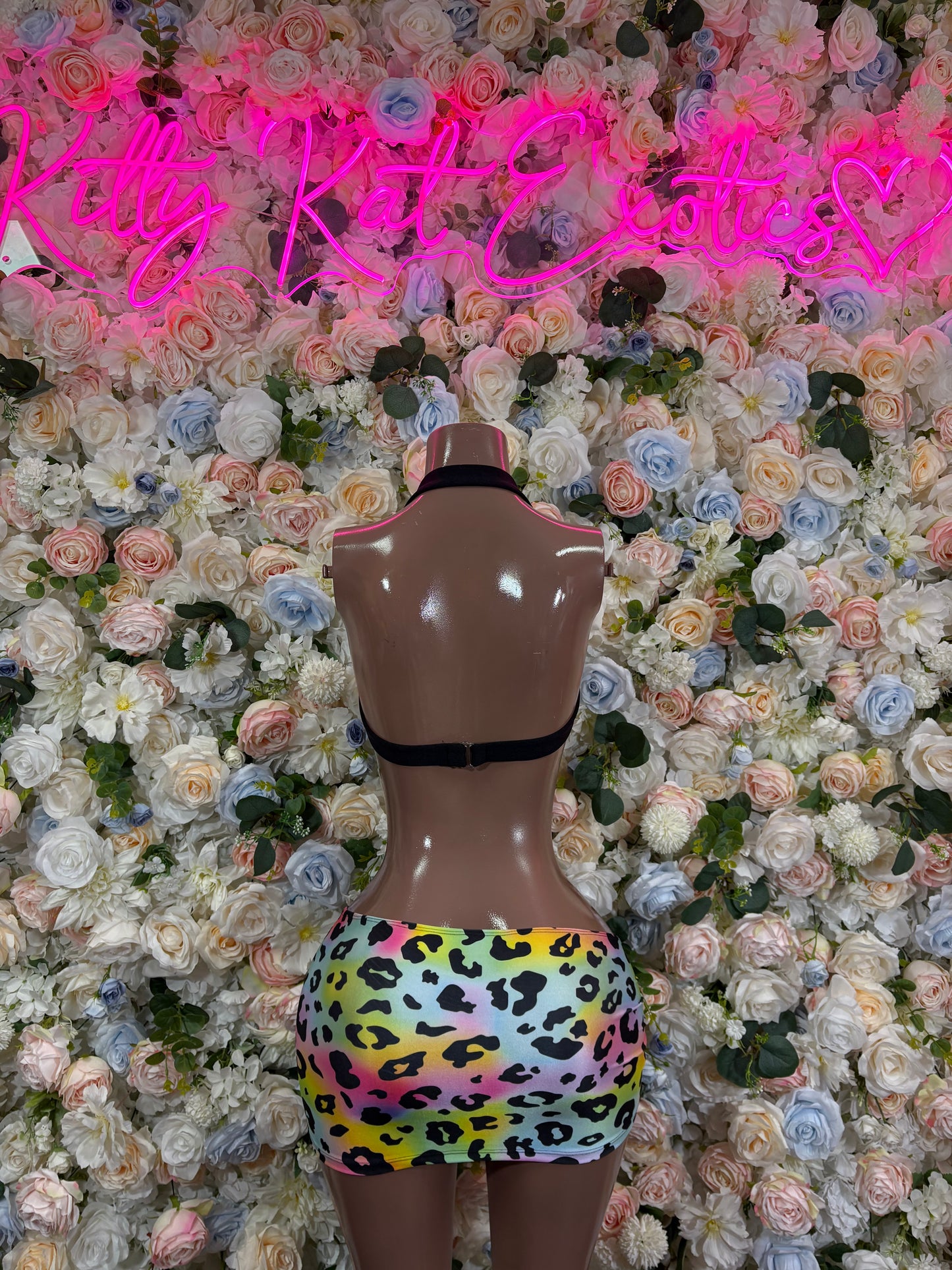 Animal print rainbow two-piece rave set: backless bra and mini skirt, back view