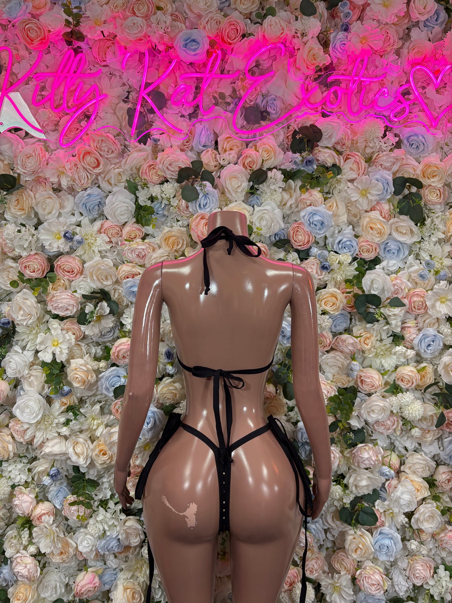 Black rhinestone bikini with triangle bra and tie thong-style bottoms, back view