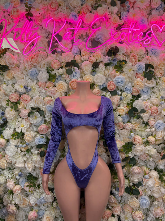 Purple one-piece bodysuit, long sleeves, scoop neck, front cutout
