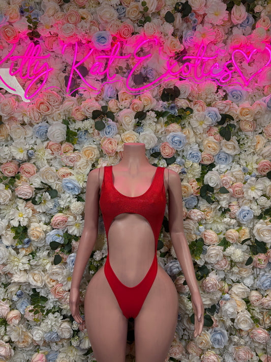 Red one-piece bodysuit with deep scoop neckline and cheeky back cut