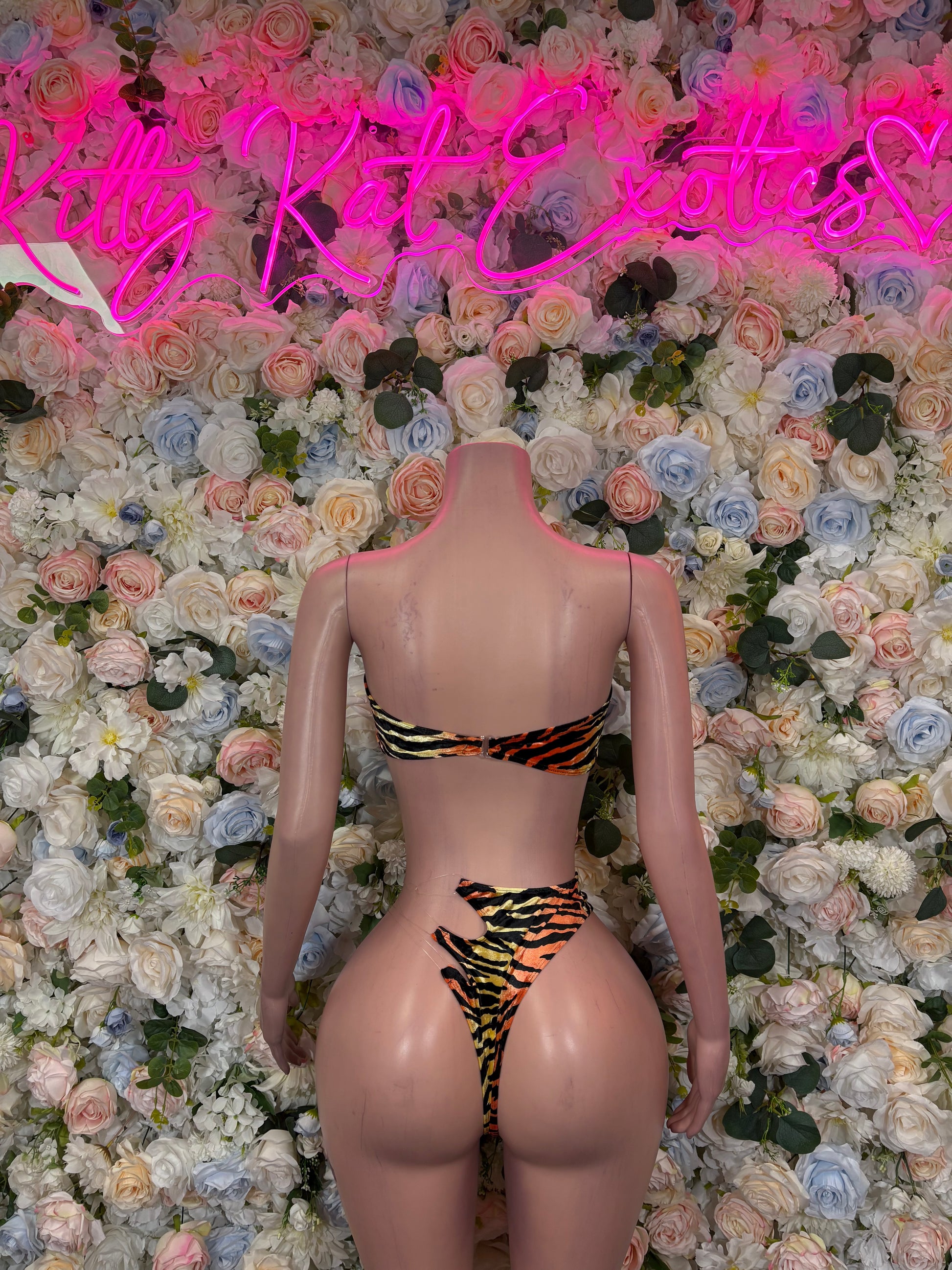 Tiger-print two-piece bikini back view with bandeau top and high-cut bottoms, orange/black