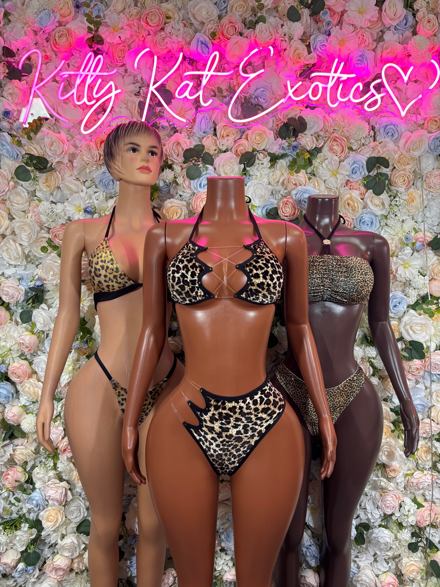 Leopard-print hologram two-piece rave set with triangle bra and high-cut bottoms