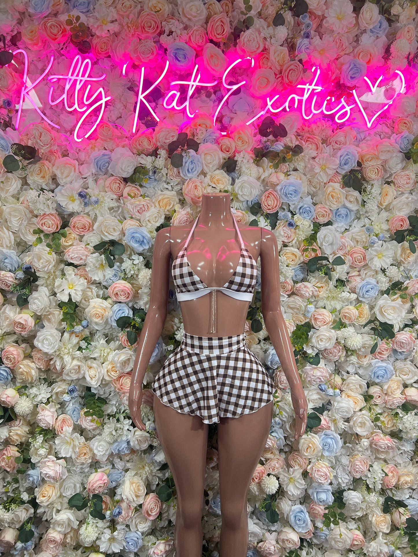 Schoolgirl Brown Plaid Two Piece Skirt Set Festival Set Ravewear Exotic Dancewear for Performers, Raves, & Festival Clothing