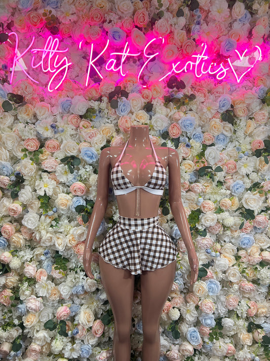 Schoolgirl Brown Plaid Two Piece Skirt Set Festival Set Ravewear Exotic Dancewear for Performers, Raves, & Festival Clothing