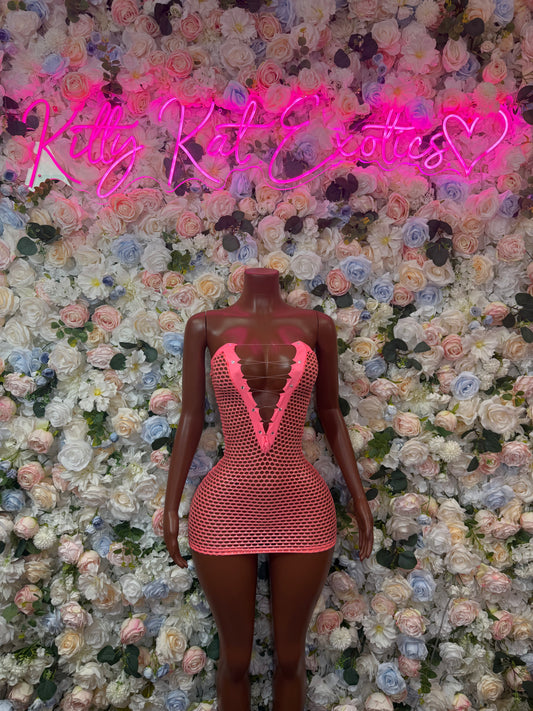 Coral fishnet mini dress with deep V neckline and open V-shaped front, bodycon.