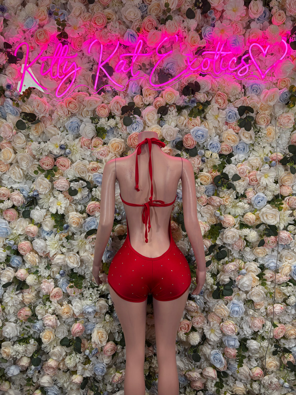 Red Rhinestone Keyhole Cutout Halter Romper | Sexy Festival Rave Clubwear Bodysuit