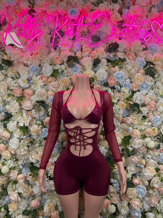 Burgundy long-sleeve one-piece bodysuit with lace-up front cutouts