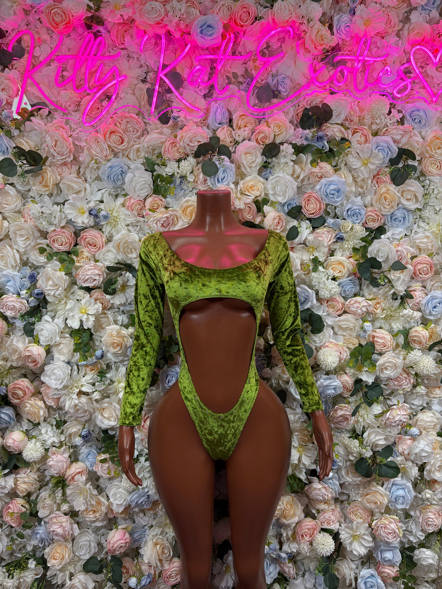 Green Velvet Bodysuit One Piece Rave Festival Outfit, Exotic Dancewear Bartender Outfit