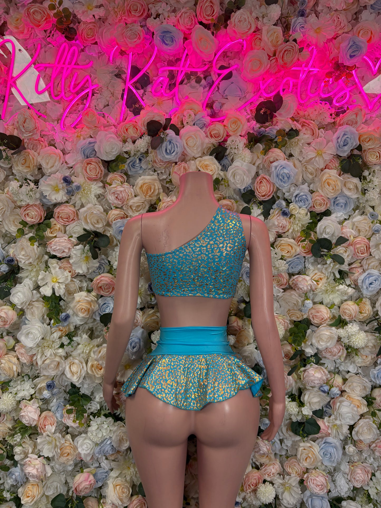 Bottlegirl Teal Cheetah Skirt Set  - Teal Ravewear, Bartender Festival Outfit, Sexy Clubwear, EDM Dance Costume