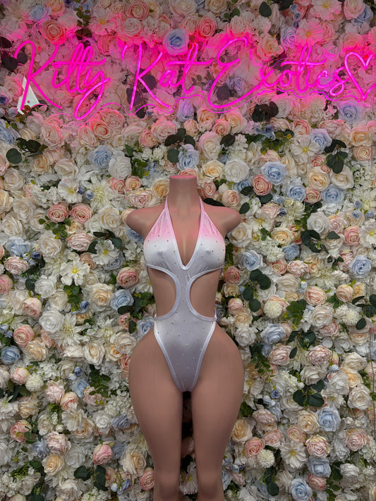 Light gray high-cut rave bodysuit with halter straps and side cutouts