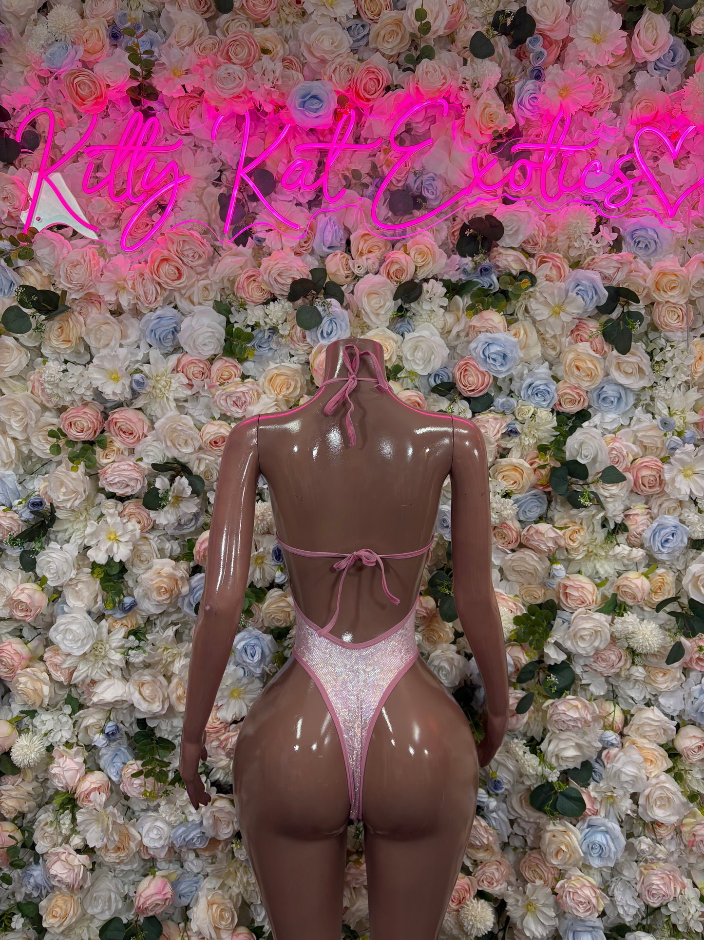 Pink glitter bodysuit with halter ties and keyhole open back