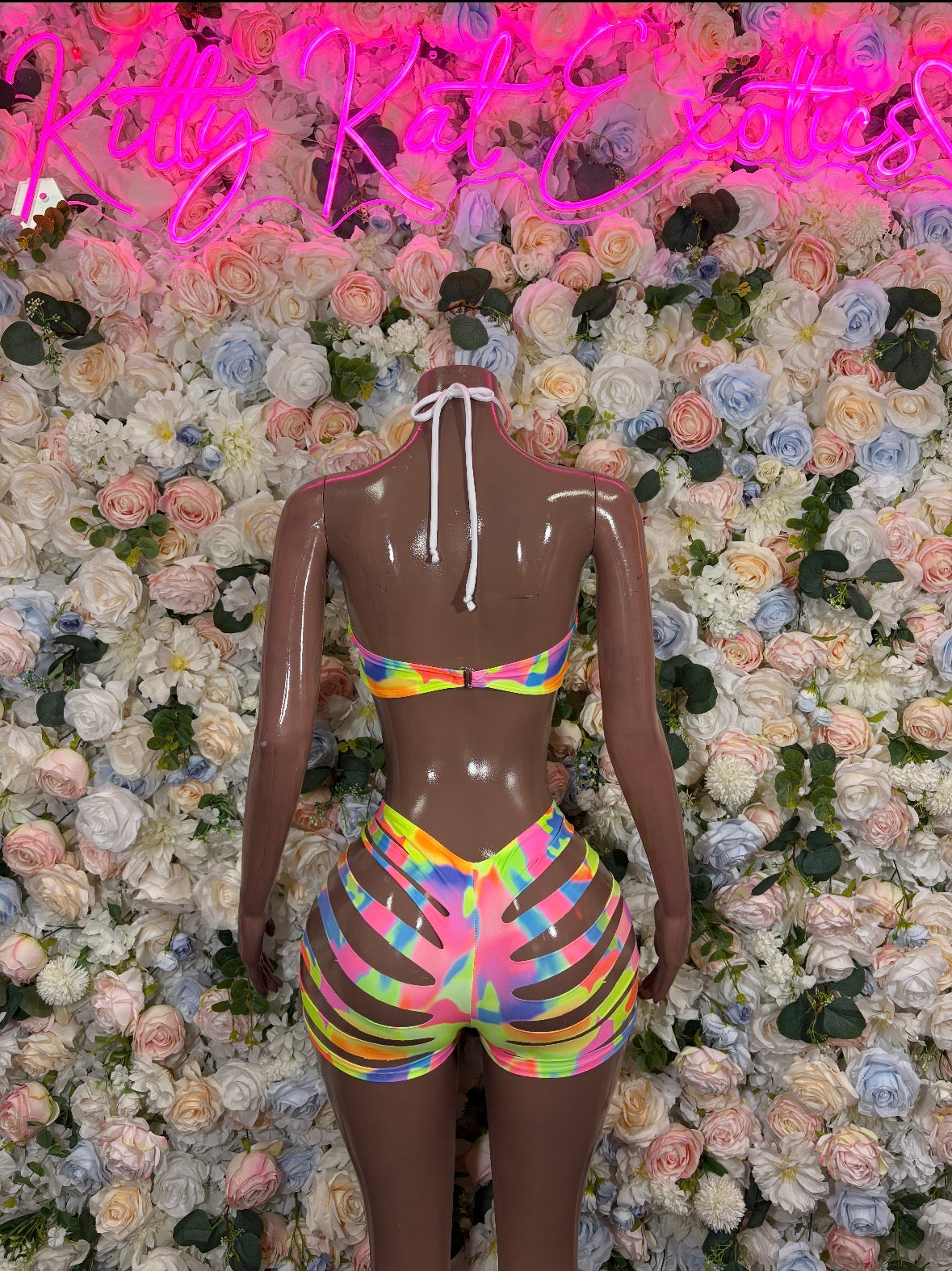 Neon Rainbow Bikini Set Cutout Rave Festival Outfit Sexy Two Piece Dancewear