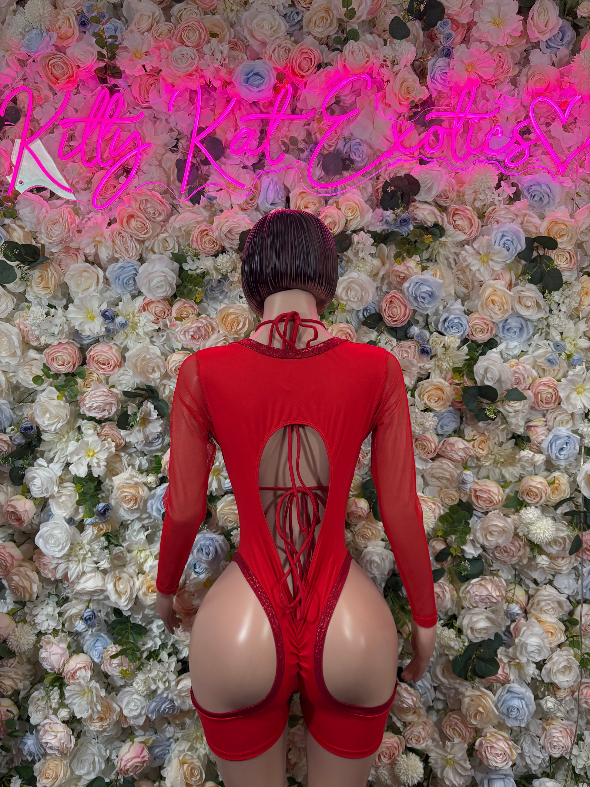 Red heart print lace-up bodysuit, long sleeves, open back with tie strings