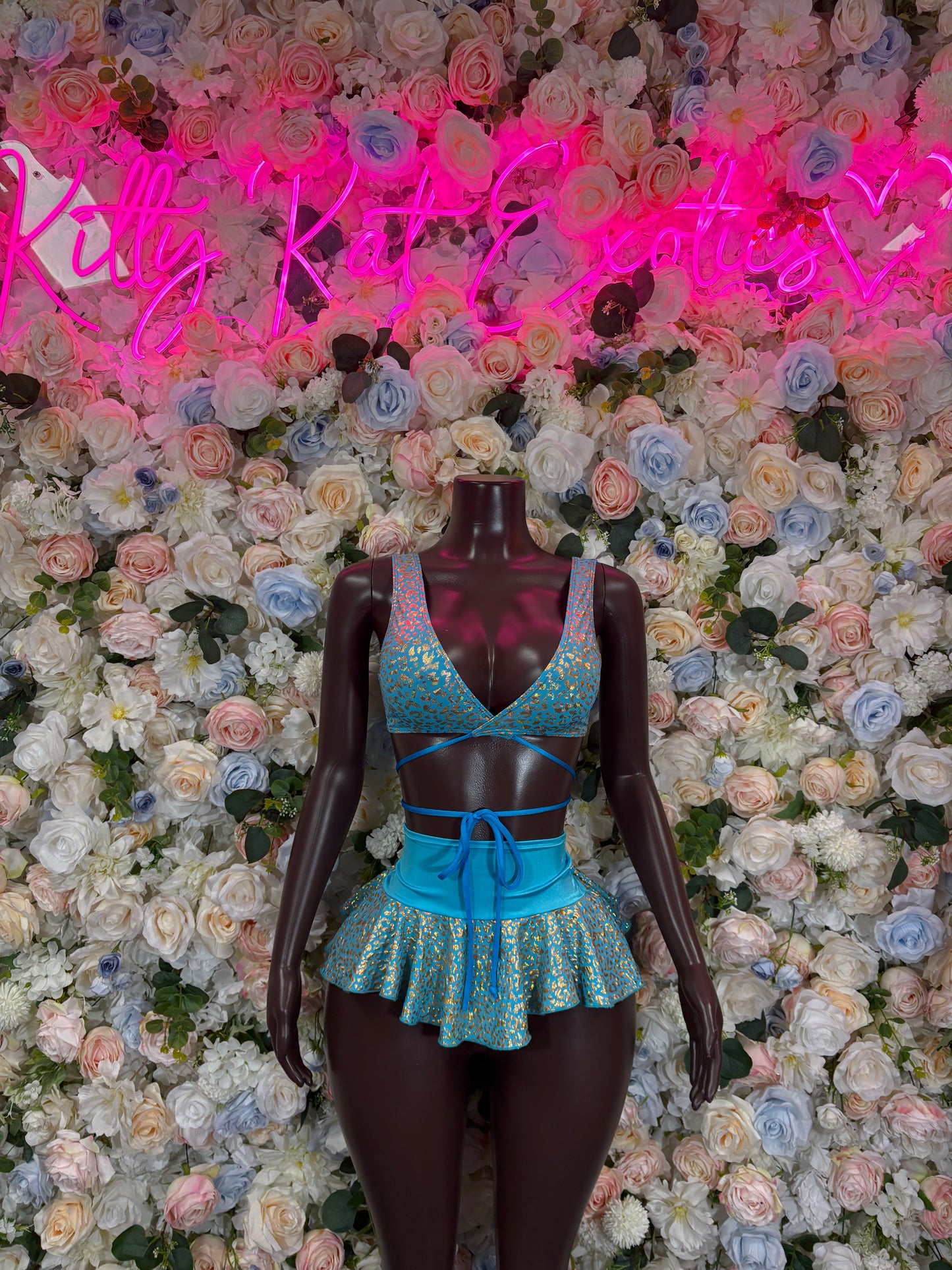 Bottlegirl Teal Cheetah Skirt Set  - Teal Ravewear, Bartender Festival Outfit, Sexy Clubwear, EDM Dance Costume